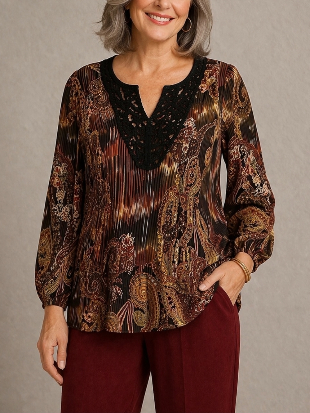 Vtg NEW YORK CITY Design Retro 1970s Paisley Metallic Crochet Peplum Poet Blouse